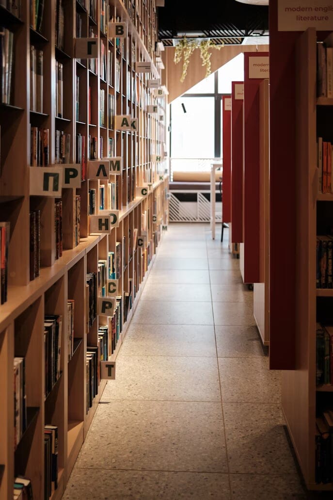Book stacks in a library